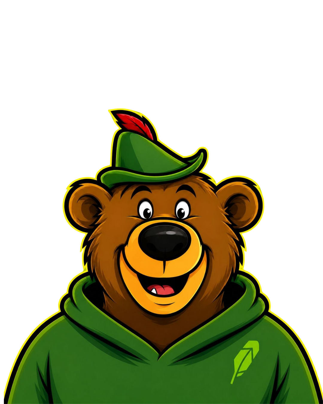 Little John the bear wearing a green Robin Hood hat and hoodie
