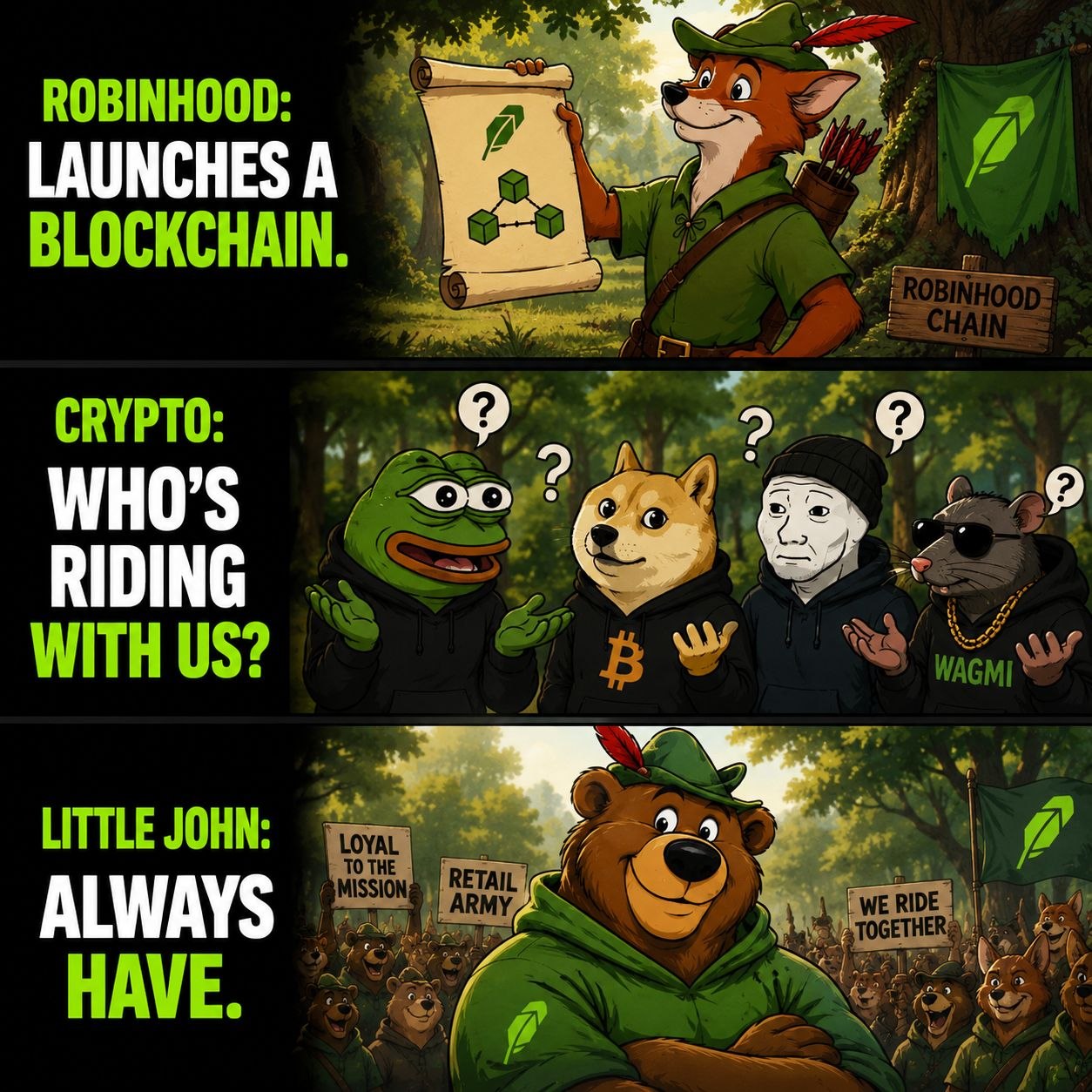 Robinhood launches a blockchain, Little John always has ridden with the mission